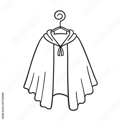 A dark cape styled like a vampires, draped on a coat hook