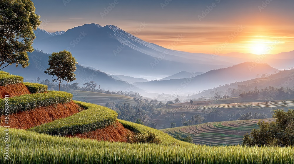 Fototapeta premium Serene Mountain Vista: Witness a breathtaking mountain landscape bathed in the warm embrace of the sunrise, showcasing terraced fields with lush greenery.