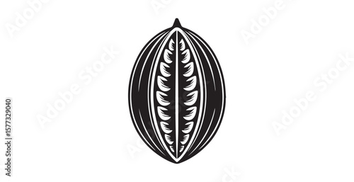 Stylized illustration of a cacao pod with beans inside silhouette