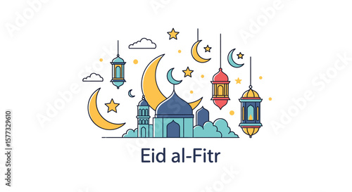 Illustration depicting Eid al-Fitr celebration with mosque, crescent moons, lanterns, and stars against a white background.