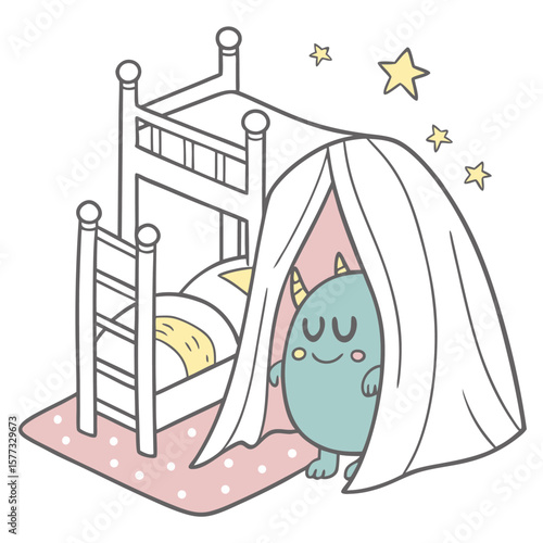 A cartoon monster standing next to a bunk bed with stars floating above it in a whimsical bedroom scene