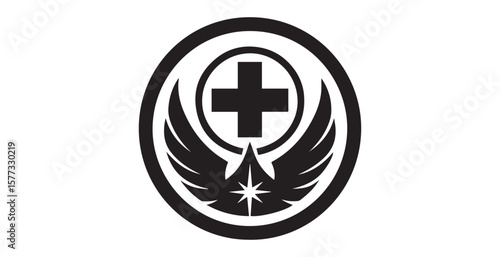 Stylized medical cross with wings and star emblem silhouette
