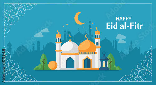 Festive Eid al-Fitr greeting featuring a stylized mosque under a crescent moon and stars.