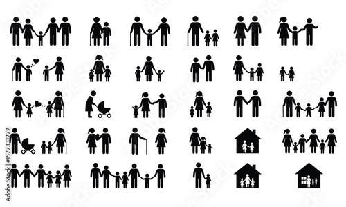 Diverse Family Icons:  Black Pictograms, Parents, Children, Generations, Home