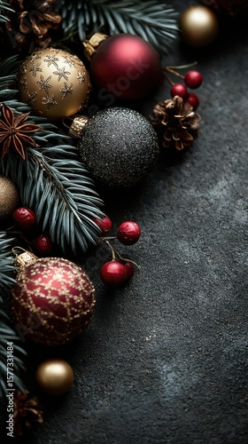 Festive holiday decorations featuring ornaments and pine branches on a dark surface in winter