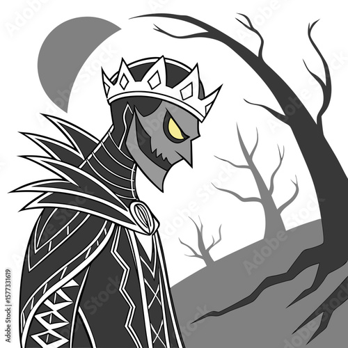 Illustration of a pumpkin headed character in a spooky landscape with bare trees and flying birds