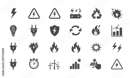 Electricity Icons: Power, Energy, Warning, Renewable, Plug, Safety