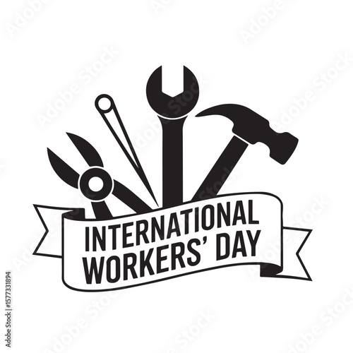 Celebrate International Workers' Day with this striking illustration of tools like a hammer, wrench, and scissors, honoring labor and craftsmanship