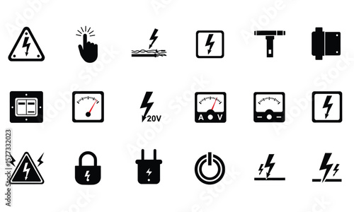 Electrical Symbols, Warning Signs, Power Icons: Vector Set for UI UX Design