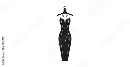 Elegant black evening gown with pearl necklace on mannequin silhouette