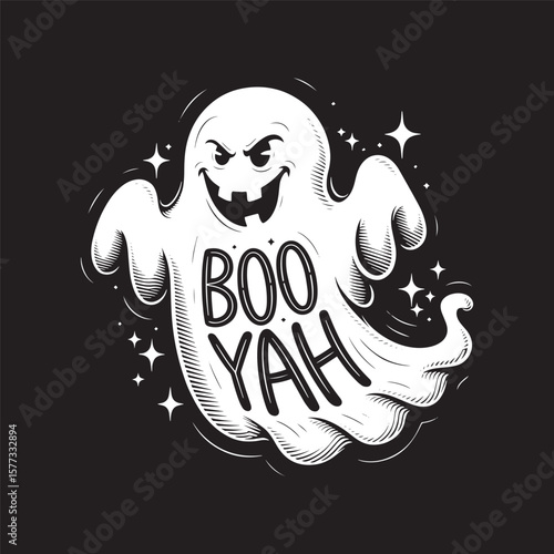 Ghost with sparkles shouting BOO YAH in playful spooky black-and-white style. Vector illustration design.