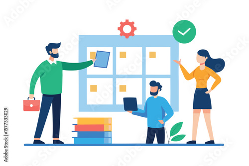 Team collaborating on a project using a kanban board and digital tools