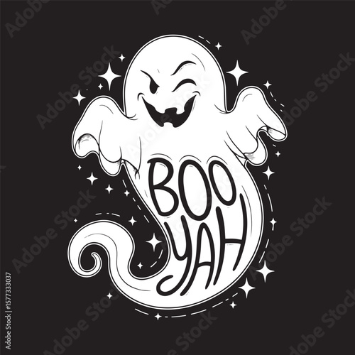 Alternate BOO YAH ghost in cheerful floaty pose and glowing smile. Vector illustration design.