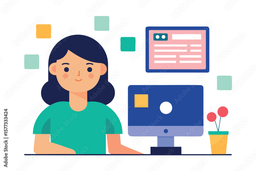 Young woman working on a computer at a desk with a plant Young woman working on a computer at a desk with a plant