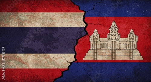 Wallpaper Mural Thailand and Cambodia Flags on Cracked Wall, Symbol of Conflict and Political Tensions. Breakdown of Relations Between Thailand and Cambodia, Geopolitical Struggle and Regional Conflict Torontodigital.ca