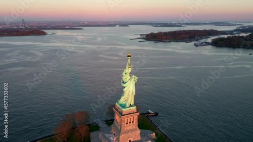 Bird’s-eye view slowly circling the Statue of Liberty at sunrise with soft golden light over New York Harbor