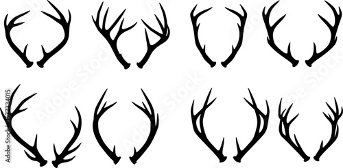 Set of antlers vector illustration. Collection of black deer antlers and horns silhouette isolated on white background. Design suitable for sticker, card, comic, print, poster, logo, decoration.