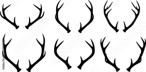 Set of antlers vector illustration. Collection of black deer antlers and horns silhouette isolated on white background. Design suitable for sticker, card, comic, print, poster, logo, decoration.