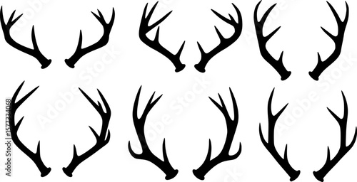 Set of antlers vector illustration. Collection of black deer antlers and horns silhouette isolated on white background. Design suitable for sticker, card, comic, print, poster, logo, decoration.