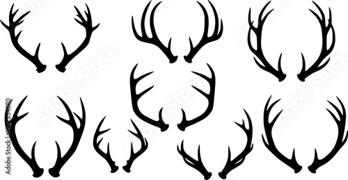 Set of antlers vector illustration. Collection of black deer antlers and horns silhouette isolated on white background. Design suitable for sticker, card, comic, print, poster, logo, decoration.