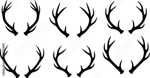 Set of antlers vector illustration. Collection of black deer antlers and horns silhouette isolated on white background. Design suitable for sticker, card, comic, print, poster, logo, decoration.