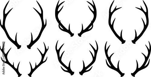 Set of antlers vector illustration. Collection of black deer antlers and horns silhouette isolated on white background. Design suitable for sticker, card, comic, print, poster, logo, decoration.