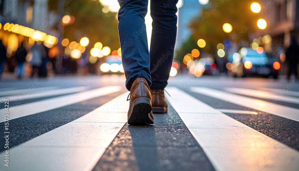 Fototapeta premium City stride: Capturing a moment of urban exploration as a person strides confidently across a zebra crossing. The shot is framed from a low angle, offering a unique perspective on everyday life. 
