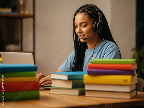 Young Woman Studying with Stack of Books at Desk
