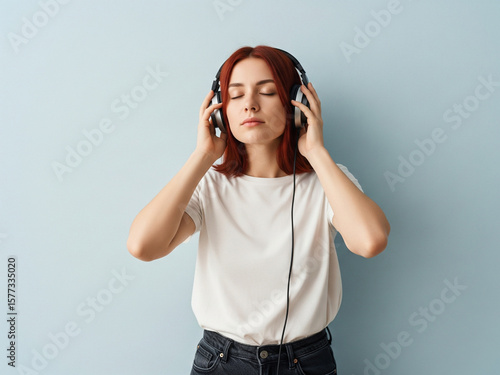Pensive Woman Listening to Music on Headphones Against Grey Background