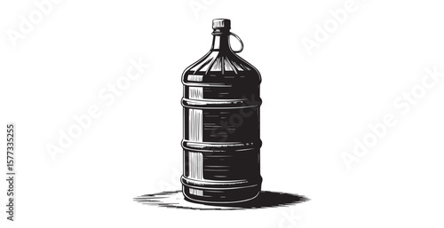 Large glass bottle with handle and cap in a striking black and white silhouette style