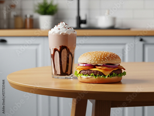 Delicious Burger and Milkshake on Wooden Cafe Table