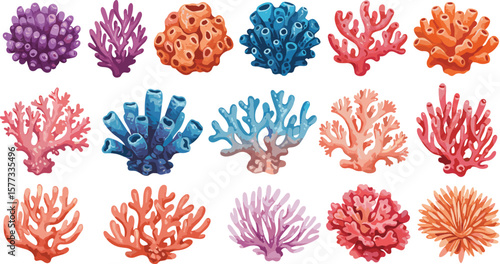Colorful coral reef set, vibrant marine life clipart, tropical underwater ecosystem illustration, ocean biodiversity elements for sea life design