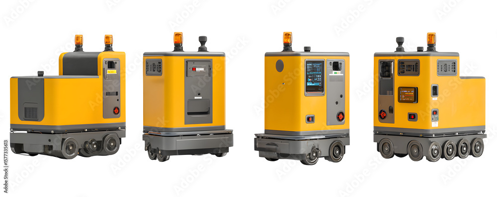 Fototapeta premium Clean Detailed Realistic automated guided vehicle AGV transparent background, digital artwork, ideal for video overlays and advertising, mockups, premium resource, professional graphics