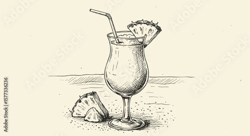 Retro sketch of an alcoholic drink in a glass with pineapple, hand-drawn on aged paper vector SVG

