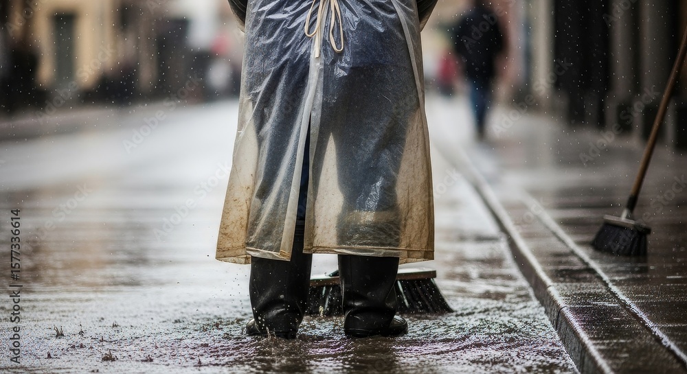 Obraz premium Rainy Day Street Cleaning Worker in Transparent Raincoat and Rubber Boots