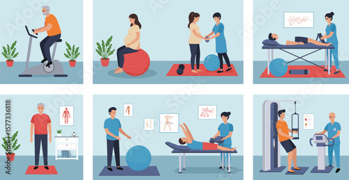 Physical therapy session, rehabilitation exercises, gym recovery workout, physiotherapy clinic, medical fitness training, wellness routine, therapist and patient care