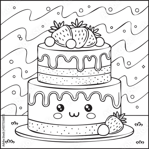  Kawaii layer cake with strawberries. Cute dessert coloring page for kids. Black and white vector outline illustration.
