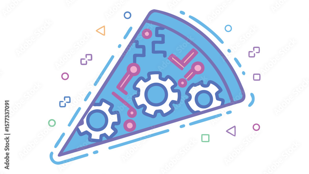 Obraz premium Illustration of a pizza slice with gears and circuit board designs in blue and pink colorscheme style