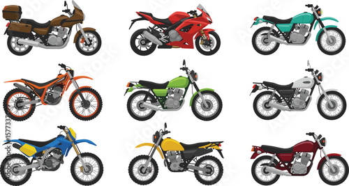 Set of various motorcycles, colorful sport and dirt bikes, modern and classic motorbike collection, side view illustrations, vector transport icons