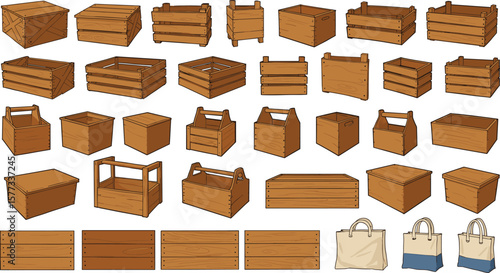 Set of wooden crates and canvas bags, hand drawn vector illustration, rustic storage boxes, farm containers, eco-friendly packaging collection