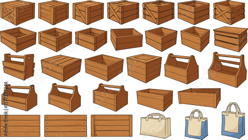 Set of wooden crates and canvas bags, hand drawn vector illustration, rustic storage boxes, farm containers, eco-friendly packaging collection
