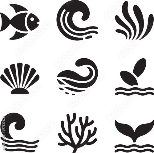 Ocean Life Icon Set Black and White Illustrations of Marine Animals and Plants
