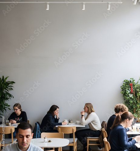 Diverse Group of People Relaxing in Modern Cafe with Blank Wall for Copy