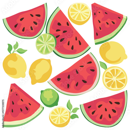 Juicy set of lime, lemon and watermelon illustrations. Hand drawn fruit clipart for summer design, packaging, textiles and stickers. Isolated on white background.