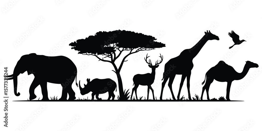 Fototapeta premium Wildlife silhouettes featuring elephant, rhino, deer, giraffe, camel and bird with tree in minimal black style on white background