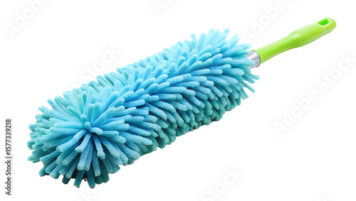 A fluffy blue microfiber duster with a green handle, isolated on a transparent background for cleaning tasks