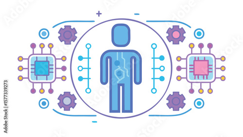 Illustration of a stylized human figure with internal circuitry connected to external processors and gears