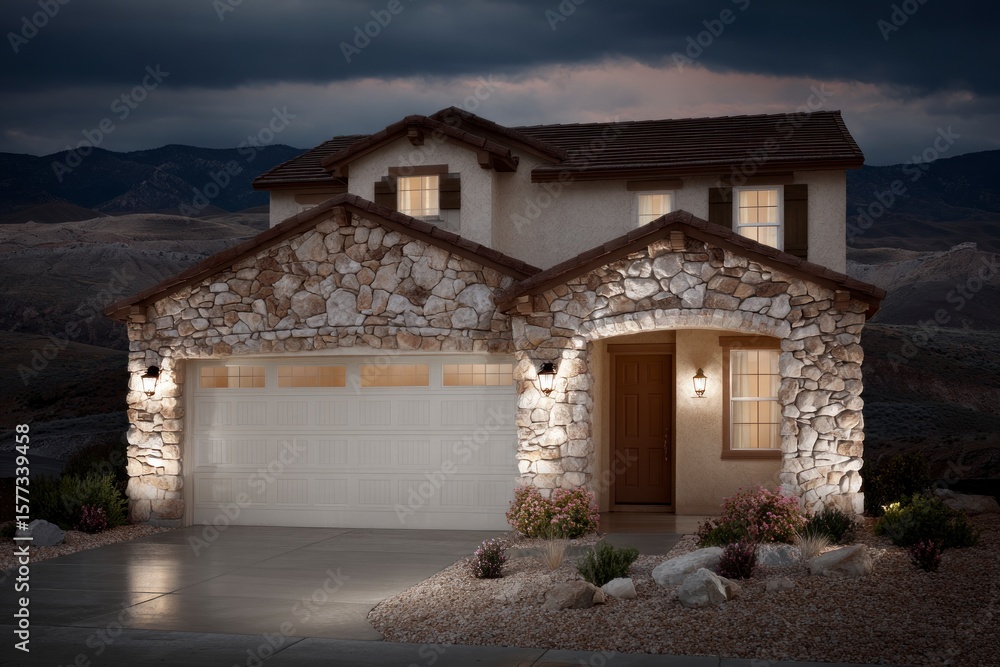 Fototapeta premium A modern stone accented house exterior with warm lights glowing against a dark mountainous landscape at dusk