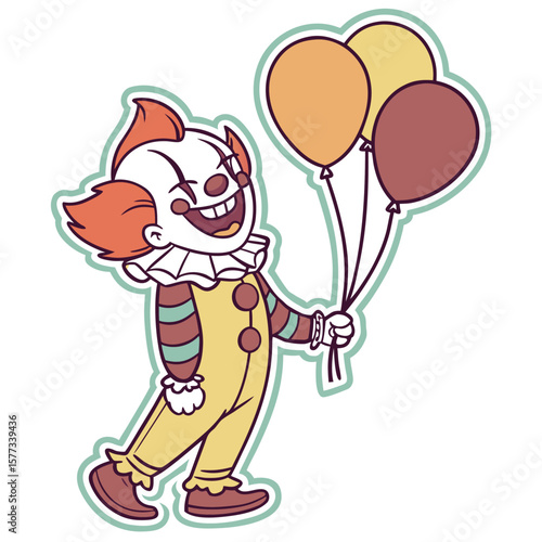 A cartoon clown with orange hair in a yellow suit holding three balloons and smiling widely at the viewer