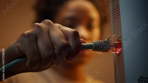A person's hand connecting an Ethernet cable to a router, illuminated.
